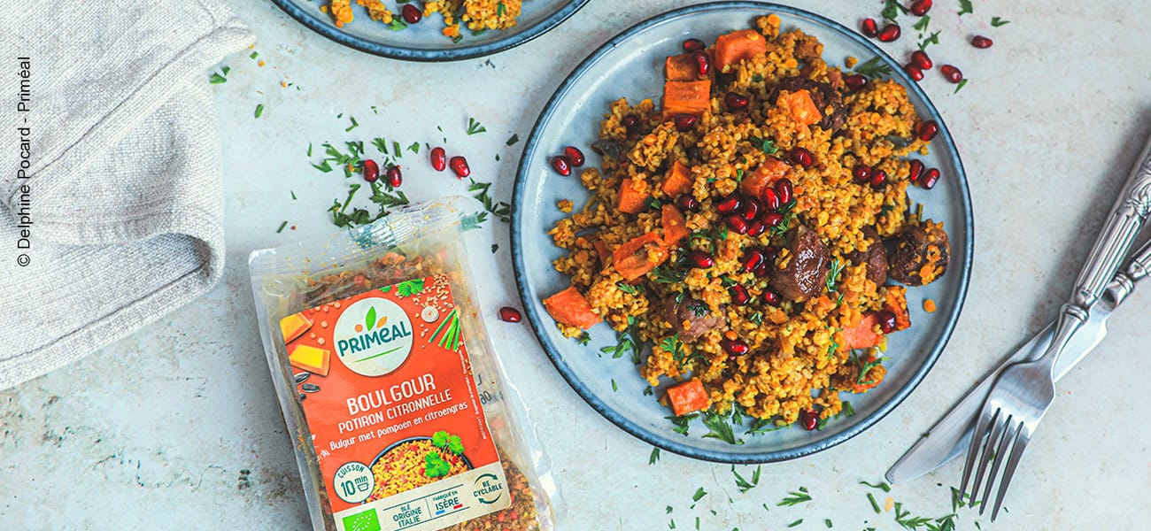 Salade tiède bio au boulgour potiron citronnelle, marron et potimarron