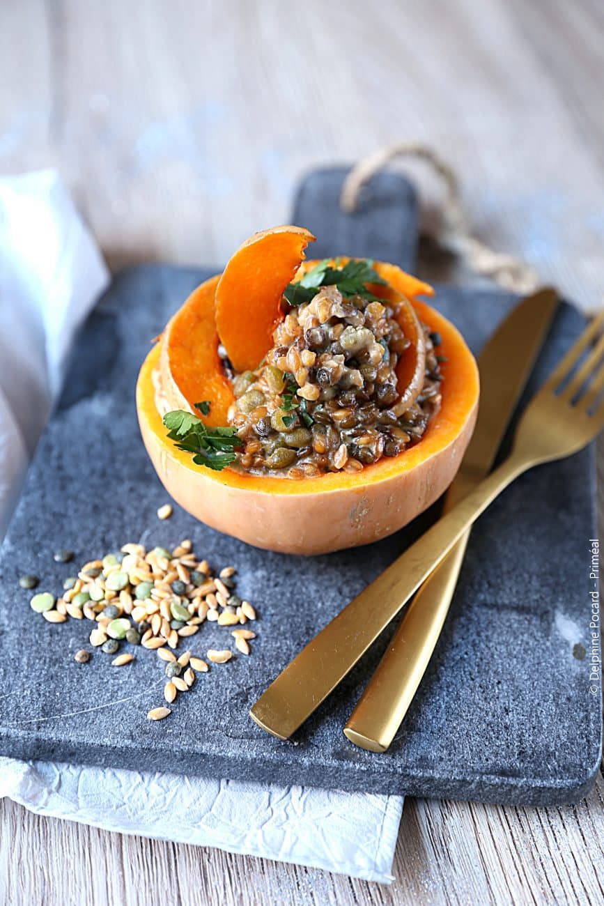Mescia de petit épeautre en risotto et butternut dorée